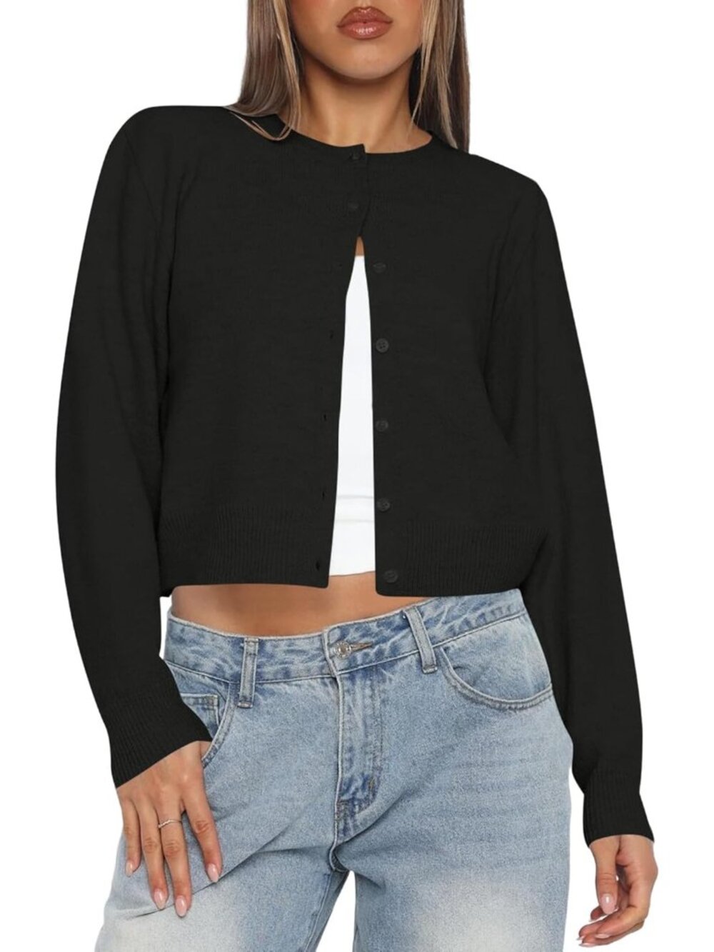 Women's Black Long Sleeve Button Up Cropped Imported Cardigan Sweaters